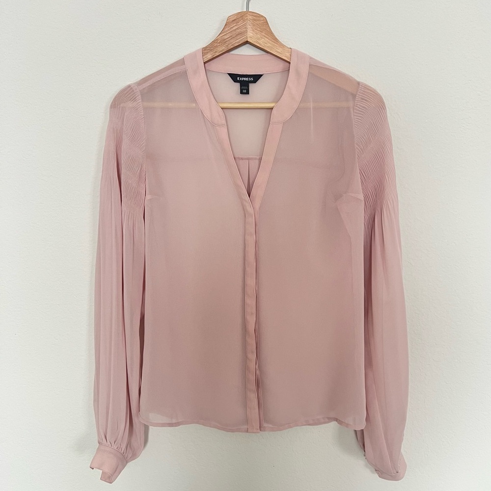 Express Light Pink Long Sleeve V Neck Button Blouse Sheer Size XXS Office